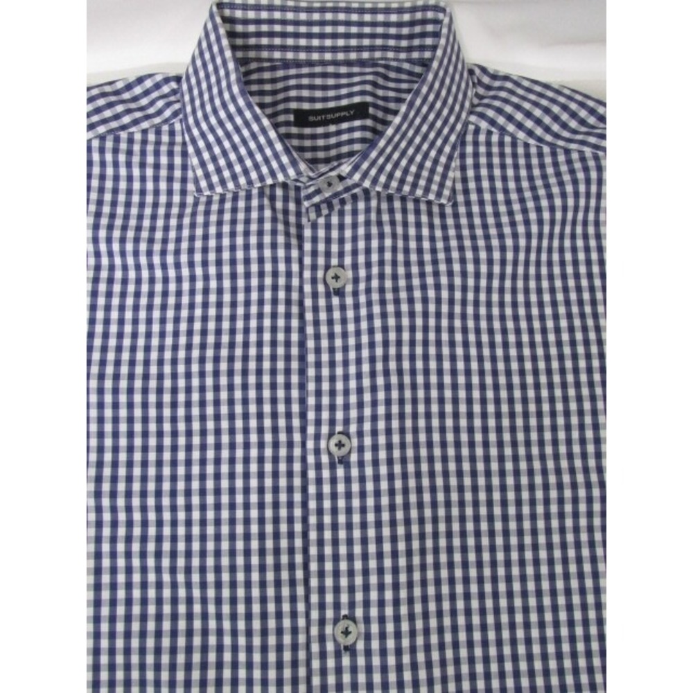 SuitSupply Custom Cotton Size 15.5L Mens Blue White Gingham Plaid Spread Collar